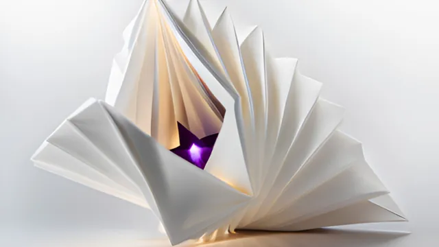 Folded white paper sculpture with a glowing purple core